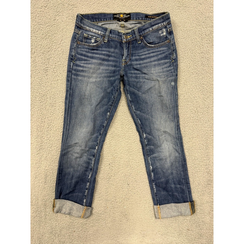 Lucky Brand Zoe Skinny Jeans Womens 6/28 Blue Distressed Short Inseam‎ 7W10766